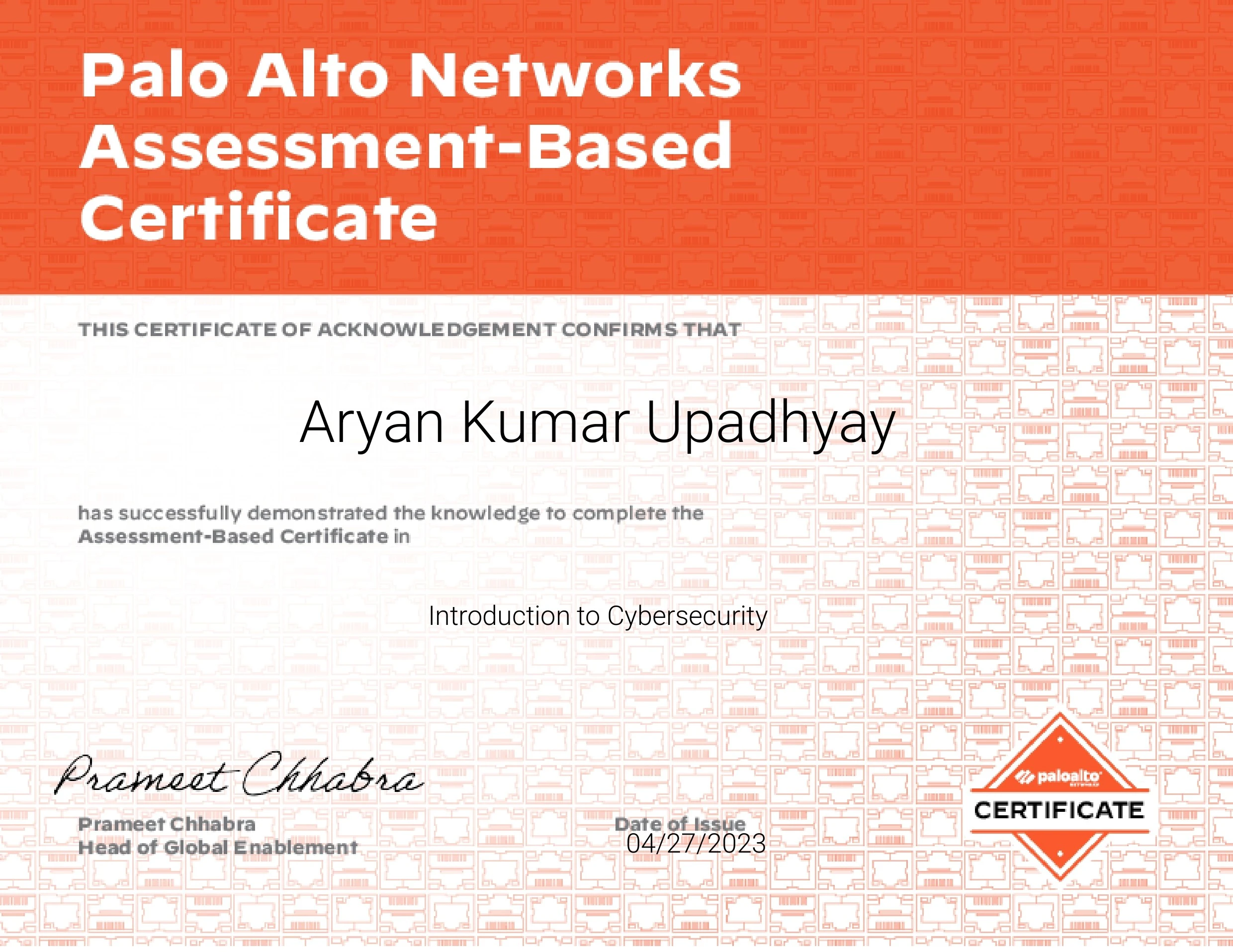 Introduction to Cybersecurity – Palo Alto Networks – Aryan Kumar Upadhyay